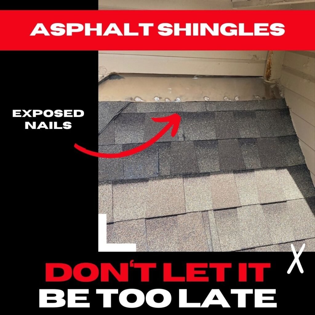Close-up of exposed nails in Spring, TX asphalt shingles, highlighting vulnerabilities to water leaks and decay.

