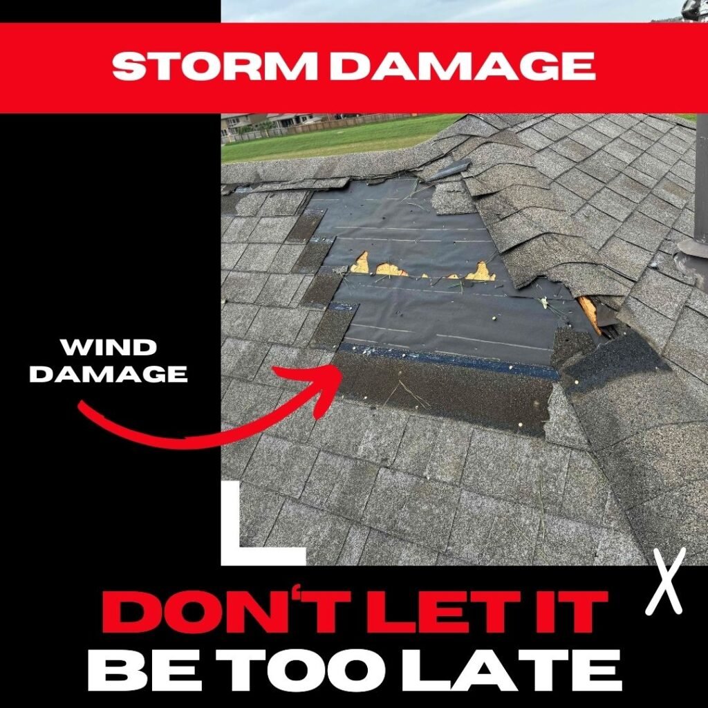 Shingles with wind damage exposing roofing underlayment, emphasizing the need for roof repair in Spring, TX.

