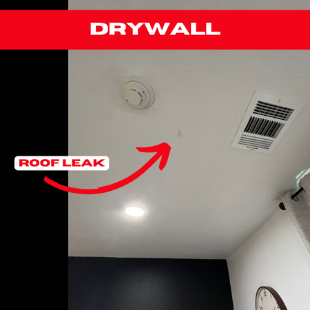 Ceiling showing a smoke detector and air vent with a visible stain labeled "roof leak." A red arrow points to the stain. Text at the top reads "DRYWALL" on a red background. Part of a curtain and wall clock are visible on the right, highlighting the urgent need for Spring TX roof repair.