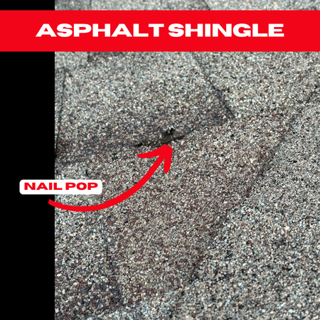 Close-up of an asphalt shingle roof in Friendswood with a visible nail pop, highlighting potential leak risks.