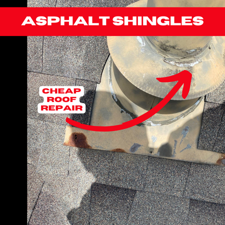 Close-up of a chimney base on an asphalt shingle roof in Friendswood with visible signs of cheap repair.