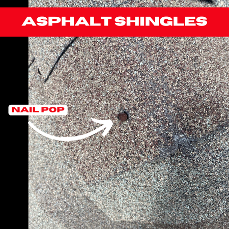 A close-up of an asphalt shingle in Spring, Texas, with a visible nail pop that could lead to leaks and shingle displacement.
