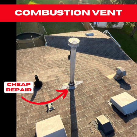 A combustion vent on a roof in Spring, Texas, showing signs of a low-quality repair that may cause future issues.