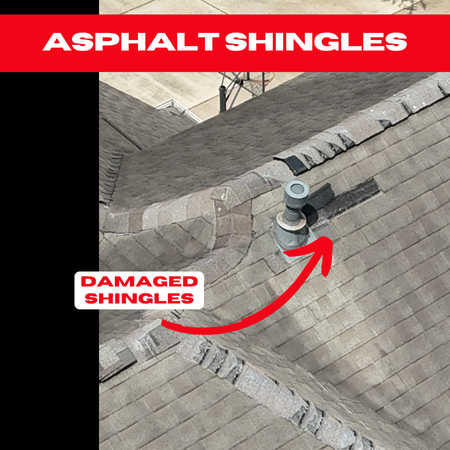 A close-up view of an asphalt shingle roof with missing and damaged shingles near a vent pipe.
