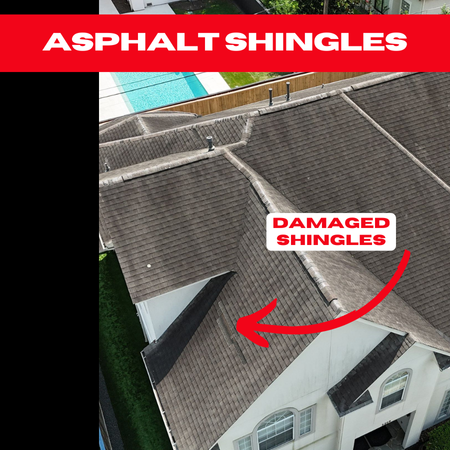 A high-angle shot of a house with asphalt shingles showing visible wear and damage near the roof’s edge.