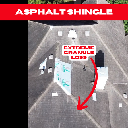 Drone image of a roof with granule erosion on the shingles, exposing them to increased weathering and potential leaks.