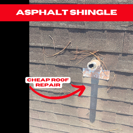 Close-up of a plumbing vent with poorly executed repairs, showing loose flashing and inadequate sealing.