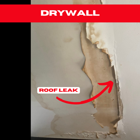 Roof Inspection in Houston: Interior view of water-damaged drywall with peeling and stains, indicating an ongoing roof leak.