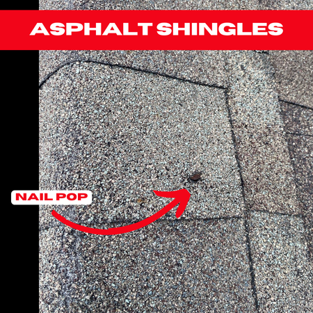 Pearland home with an asphalt shingle roof showing a nail pop issue, which can lead to shingle detachment and leaks.