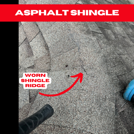Close-up of a roof ridge in a Pearland home, showing worn and deteriorating shingles that may need replacement.