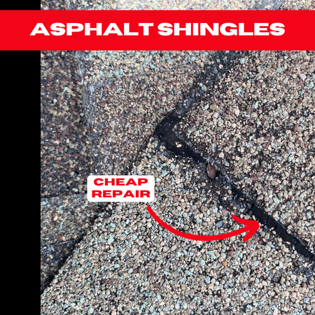 An example of poorly executed roof repairs in Cypress, showcasing loose shingles and insufficient sealing.