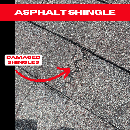 Close-up of damaged asphalt shingles on a Cypress roof, indicating the need for urgent roof repair to prevent further damage.