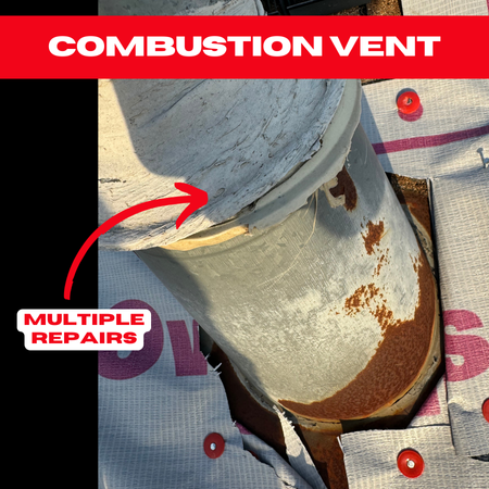 A heavily rusted combustion vent with multiple visible repairs, showing signs of deterioration that could lead to leaks in a Pecan Grove home.

