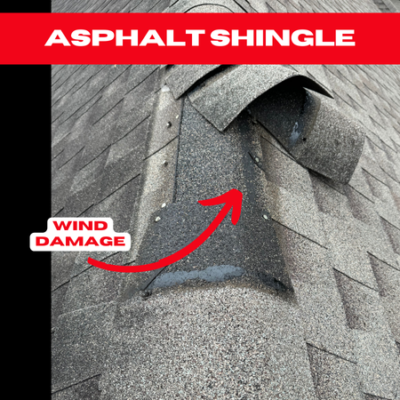 Wind-damaged asphalt shingles on a Houston roof, highlighting the need for immediate roof repair to prevent further water intrusion.