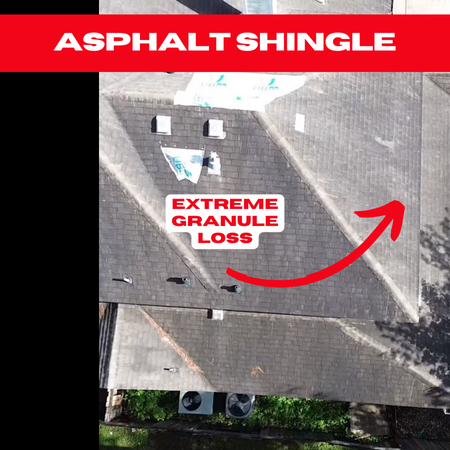 Overhead view of an asphalt shingle roof with extreme granule loss, showing signs of wear and UV exposure damage.

