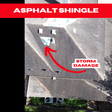 Aerial image of an asphalt shingle roof with storm damage, including torn and missing shingles exposing the underlayment.


