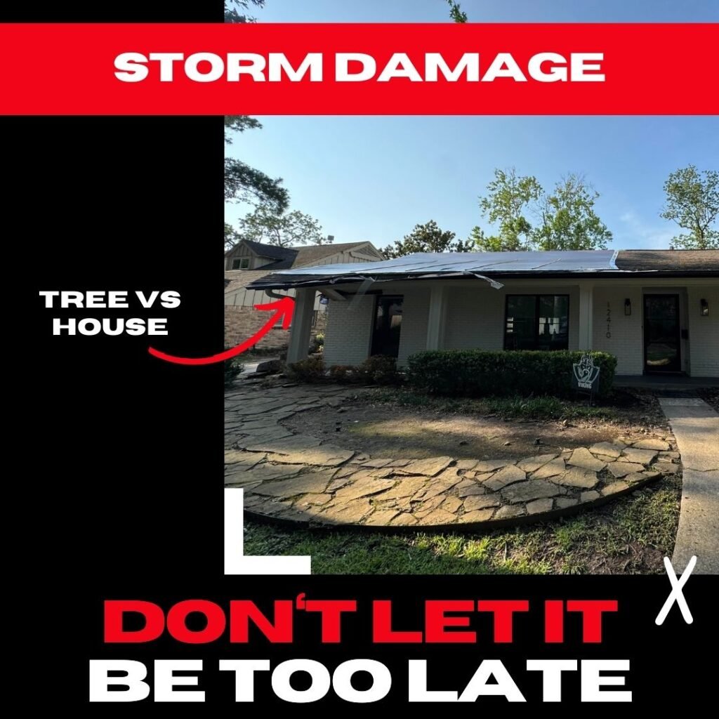 A Piney Point Village home with a damaged roof due to a fallen tree, partially covered with a tarp.