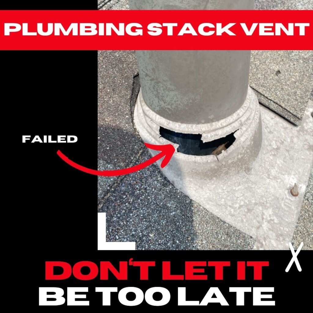 A damaged plumbing stack vent on a roof in Piney Point Village, showing cracks and separation at the base.

