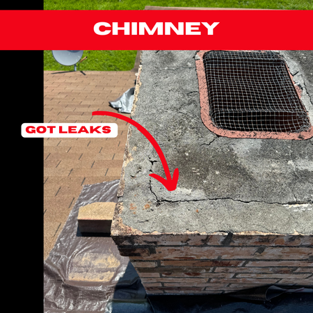 A cracked and deteriorating chimney seal on a Rosenberg home's roof, showing visible damage.