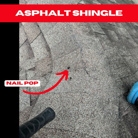 A close-up view of a nail pop on a shingle in a Rosenberg home, highlighting roofing defects.