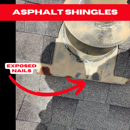Close-up of exposed nails on asphalt shingles in a Rosenberg home, showing potential for water intrusion.