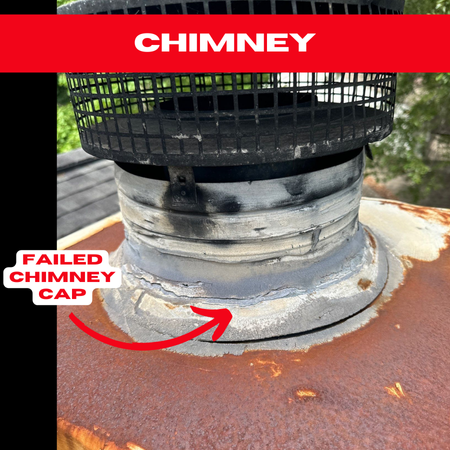 A rusted and deteriorated chimney cap showing clear signs of failure and water damage risk.