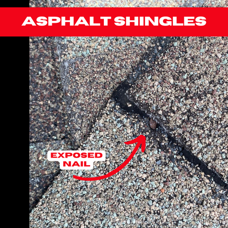 A close-up of asphalt shingles with an exposed nail, indicating improper roofing installation.