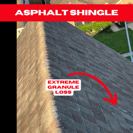 A ridge section of a shingle roof in Spring, Texas, showing severe granule loss, increasing the risk of deterioration.