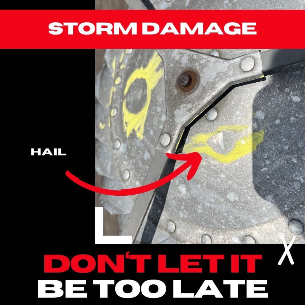 Close-up of hail damage on metal, marked with yellow circles. Red arrow points to damage. Bold text reads "STORM DAMAGE" at the top and "DON'T LET IT BE TOO LATE" at the bottom, highlighting "HAIL" and an "X." Trust Pecan Grove roof repairs for swift solutions.