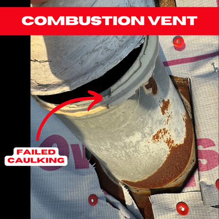 A combustion vent with failed caulking and rust forming at the base on a roof in Sugar Land.