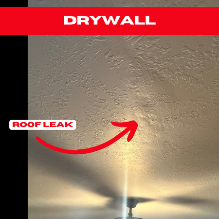 Textured ceiling exhibiting water damage, a clear sign of a roof leak. A red arrow highlights the damaged area, with “DRYWALL” above and “ROOF LEAK” labeled beside it. Pecan Grove roof repairs are necessary to prevent further issues.