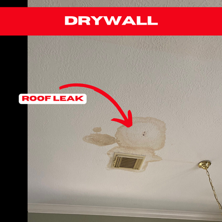 A ceiling with water stains around an air vent highlights the need for Pecan Grove roof repairs. A red arrow points to the spot, labeled "Roof Leak," while a red banner reads "Drywall." A light fixture is partially visible, emphasizing the urgency of professional intervention.