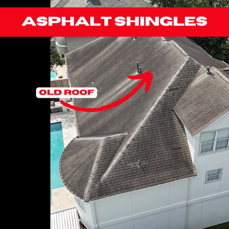 Roof Inspection in Pecan Grove: Aerial shot of an older residential roof with visible wear and deterioration.

