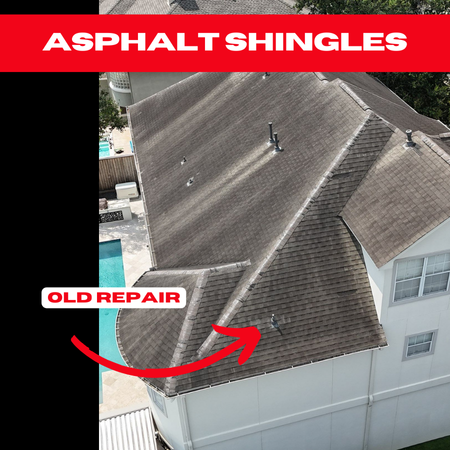 Roof Inspection in Pecan Grove: A section of a residential roof showing signs of an older repair.

