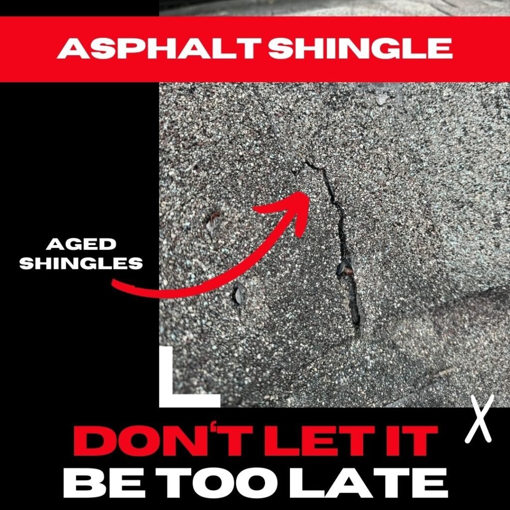 Close-up view of cracked asphalt shingles on a Pearland home’s roof, showing signs of aging and wear.
