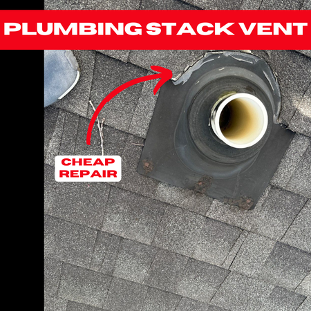 Image of a roof with a plumbing stack vent surrounded by shingles. At the top, red text reads "PLUMBING STACK VENT." A red arrow points to a crack around the vent labeled "CHEAP REPAIR," highlighting an area that may benefit from Four Corners Roof Repair expertise.