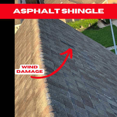 A rooftop in Rosenberg showing wind-damaged asphalt shingles with a missing section along the ridge.

