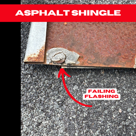 Close-up of asphalt shingles with visible rust and a damaged area. A red arrow points to the issue, labeled "Failing Flashing," set against a backdrop of small gray stones, highlighting the need for Cinco Ranch roofing expertise.