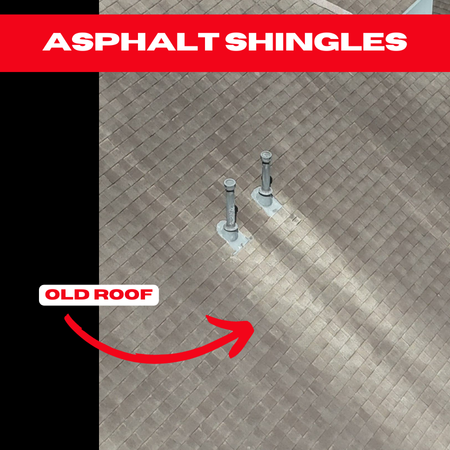 Close-up aerial view of a roof with asphalt shingles, featuring two metal vent pipes. A red arrow labeled "Old Roof" points to a section. The red banner at the top reads "Asphalt Shingles." Expert Kingwood roofing services can upgrade your home’s protection and style today.
