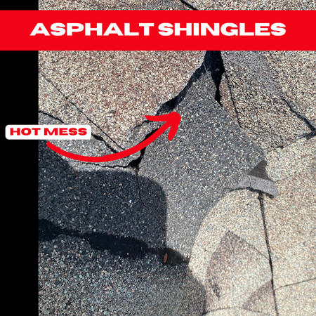 Close-up of cracked asphalt shingles on a roof in Kingwood, with a red arrow highlighting the damage. The text "ASPHALT SHINGLES" is displayed at the top, and "HOT MESS" next to the arrow.