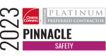 A graphic displaying a 2023 Pinnacle Safety award. It features the Owens Corning logo, the title "PLATINUM Preferred Contractor," and emphasizes safety. The design includes a combination of red, white, black, and gray colors.