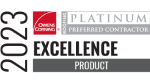 Badge with text "Owens Corning Roofing Platinum Preferred Contractor 2023" and "Excellence Product" underneath. Logo features a red square with the Owens Corning text in white.