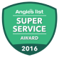 A green badge with a hexagonal shield shape reads "Angie's List SUPER SERVICE AWARD 2016." The text is white, and there is a thin, white border around the badge.