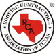 A circular logo with the text "Roofing Contractors Association of Texas" surrounding a red silhouette of the state of Texas. The letters "RCA" are inside the silhouette.