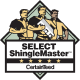 A logo featuring three builders in yellow and black attire holding roofing tools inside a diamond shape. Below them, the text reads "SELECT ShingleMaster" and "CertainTeed" with a row of five stars beneath.