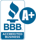 The image displays the Better Business Bureau (BBB) Accredited Business logo with an "A+" rating. The logo consists of a torch symbol and the letters "BBB" in blue, and a blue circular badge with "A+" on the right side.