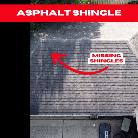 A roof with asphalt shingles is shown. A red arrow points to an area labeled "Missing Shingles," highlighting a section where shingles are absent.