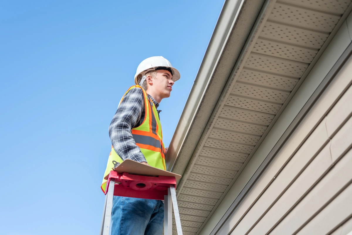 A worker wearing a hard hat, safety vest, and plaid shirt inspects a roof while standing on a ladder. The worker, part of the Houston Roof Experts team, appears focused on the under eave area of a house against a clear blue sky backdrop.