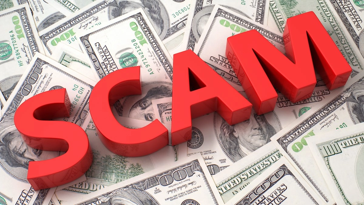 The word "SCAM" in bold red letters is placed prominently on top of numerous scattered U.S. hundred-dollar bills, creating a stark warning that even reputable services like Houston roof experts could be implicated.