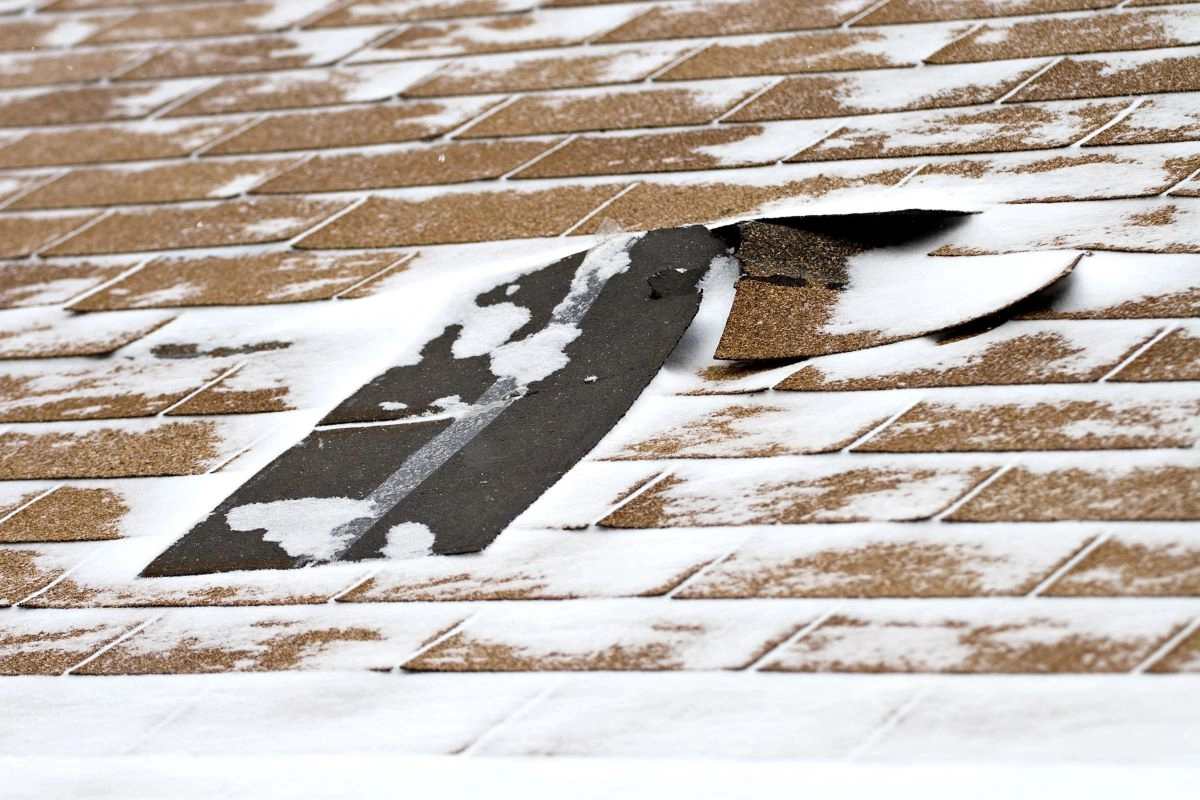 A close-up view of a snow-covered shingled roof in Katy with visible damage. Several shingles are peeling away, exposing the underlying material, indicating a need for repair.